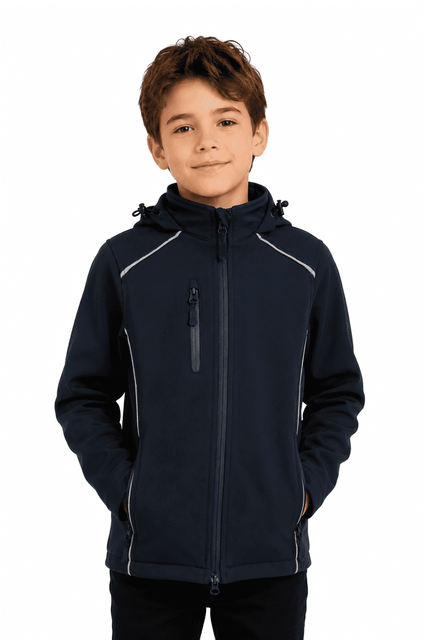 A black kids' jacket featuring a zippered pocket, with a hood and contrasting grey detailing. It has a logo on the front.