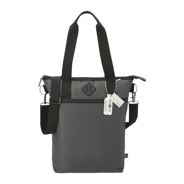 A grey laptop tote bag made from Repreve recycled material, featuring adjustable straps and a logo.