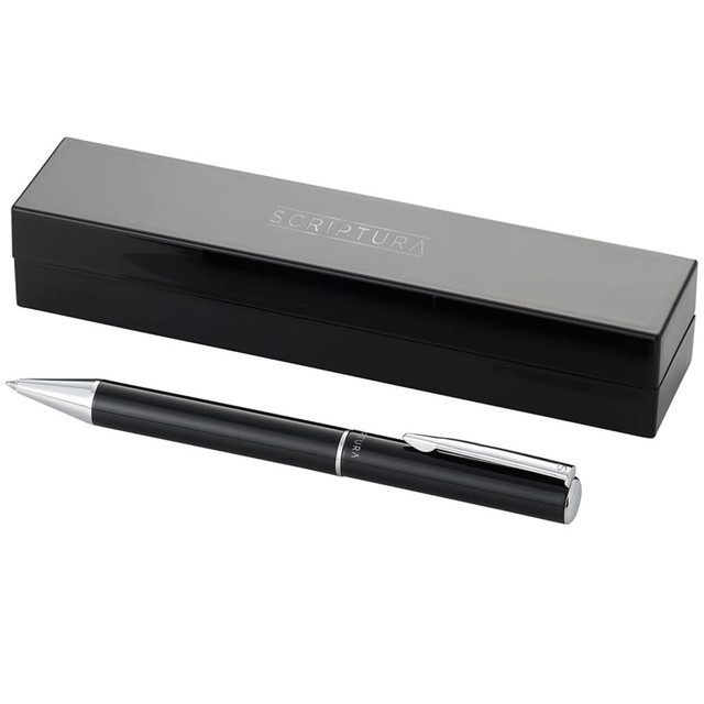 A black metal ballpoint pen with a silver clip, displayed beside its sleek black box.