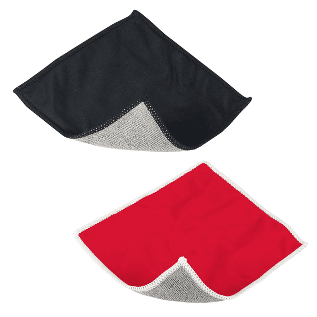 A two-sided cleaning cloth featuring black and red colours with a contrasting edge. It has a logo on one side.