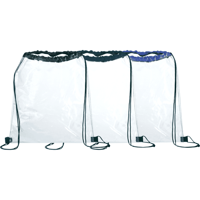 Three clear drawstring sportspacks in black, purple, and blue, featuring drawstring closures and branding.