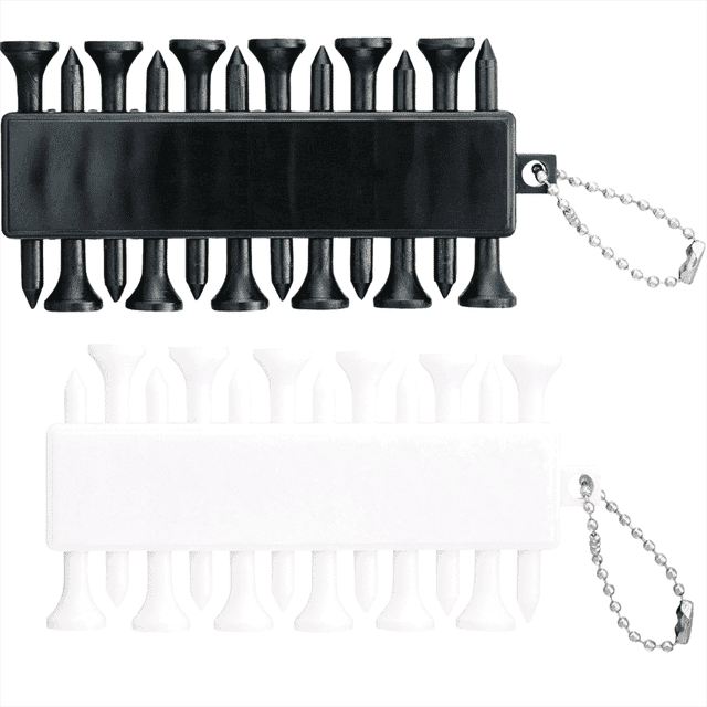 A set of golf ball markers in black and white, each with a chain for convenience. The product includes multiple markers.