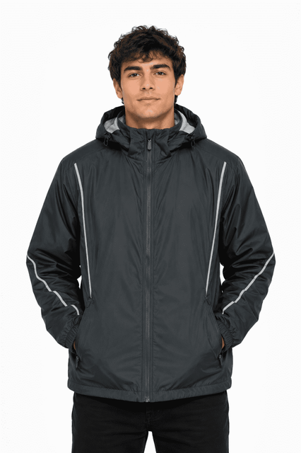 A black men's jacket featuring a hood and reflective stripes, designed for outdoor use. It has a logo on the chest.
