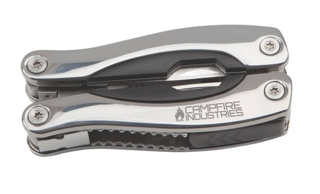 A stainless steel multi-tool with a sleek design, featuring a logo and various tools integrated into the body.