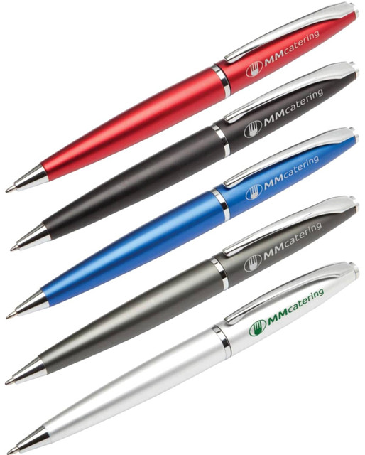 A collection of five metal pens in red, black, blue, silver, and white, featuring a logo on each pen.
