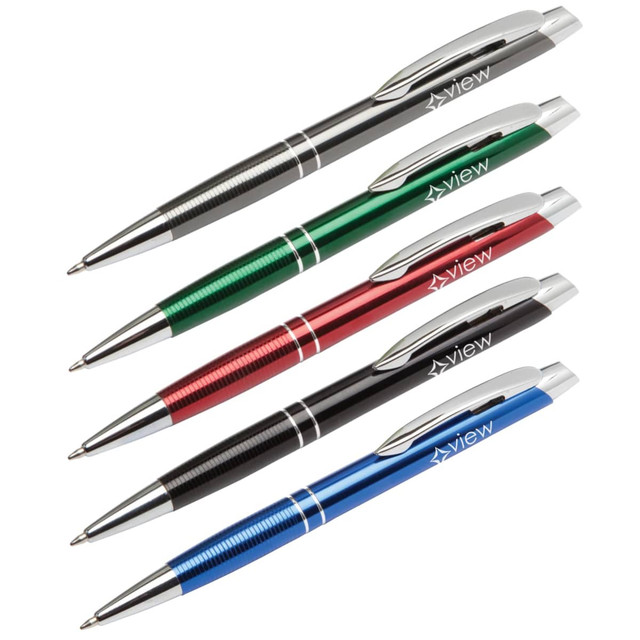 Four metal pens in black, green, red, and blue, featuring a logo on each pen.