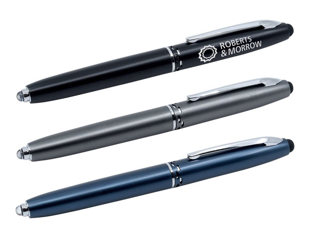 A collection of three stylus pens in black, grey, and navy blue, featuring silver accents and branding.