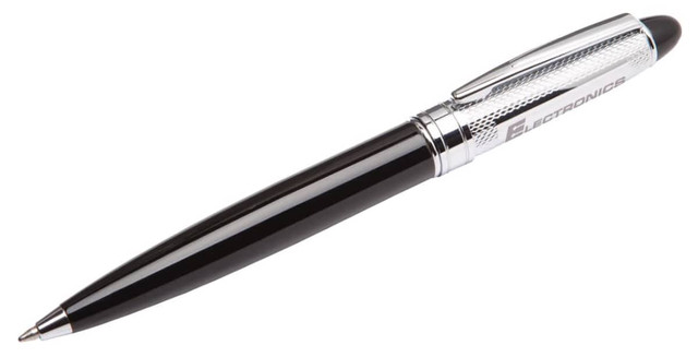 A sleek black metal pen with a chrome grip and a branding logo.