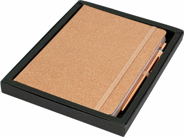A gold glitter A5 notebook with an elastic band and a matching pen, neatly presented in a black gift box.