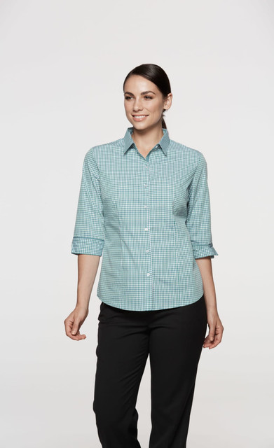 A button-up shirt in a teal and white check pattern with 3/4 sleeves, featuring a collar and rolled cuffs.