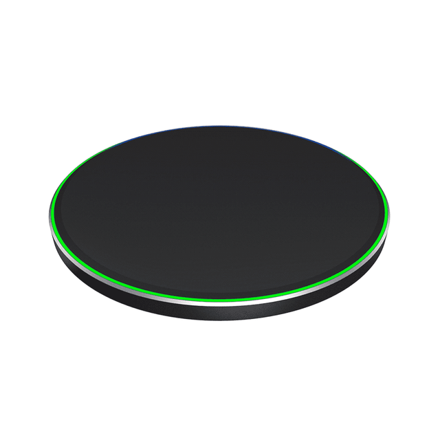 A black Qi wireless charger with a minimalistic design and a subtle multicoloured LED ring around the edge.