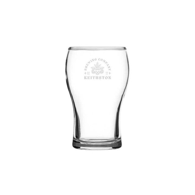 A clear beer glass with a curved design and a logo printed on it. Ideal for serving beverages.