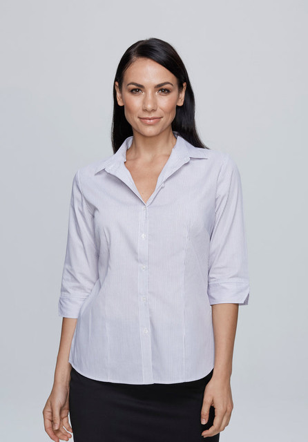 A light blue and white striped button-up shirt with 3/4 sleeves and a collar. It features a logo on the chest.