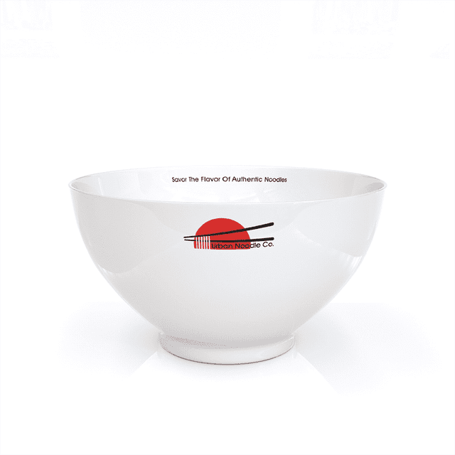 A white rice bowl with a smooth finish, featuring a logo on one side. It measures 15.5cm in diameter.