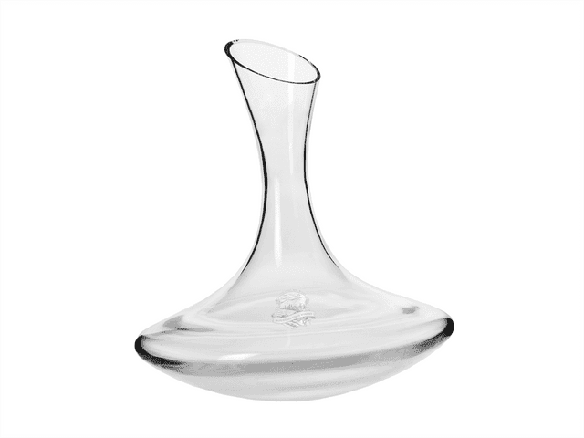 A glass wine carafe with an elegant, curvy design, featuring a clear finish and a logo.