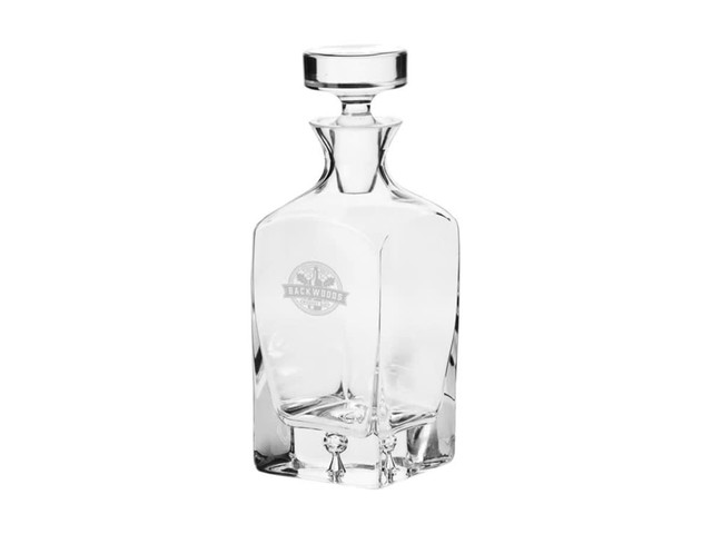 A drink bottle featuring a clear glass design, with a square base and a round stopper. Includes a branding logo.