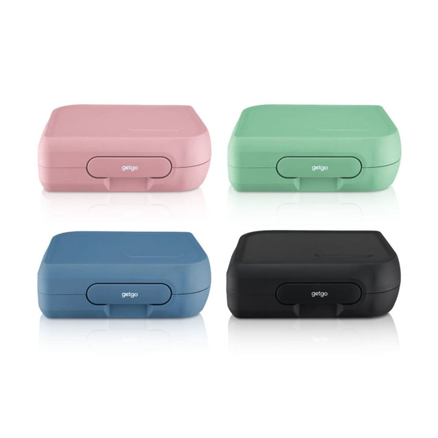 Four getgo Bento Boxes in pink, mint green, blue, and black, featuring a simple design and a logo.
