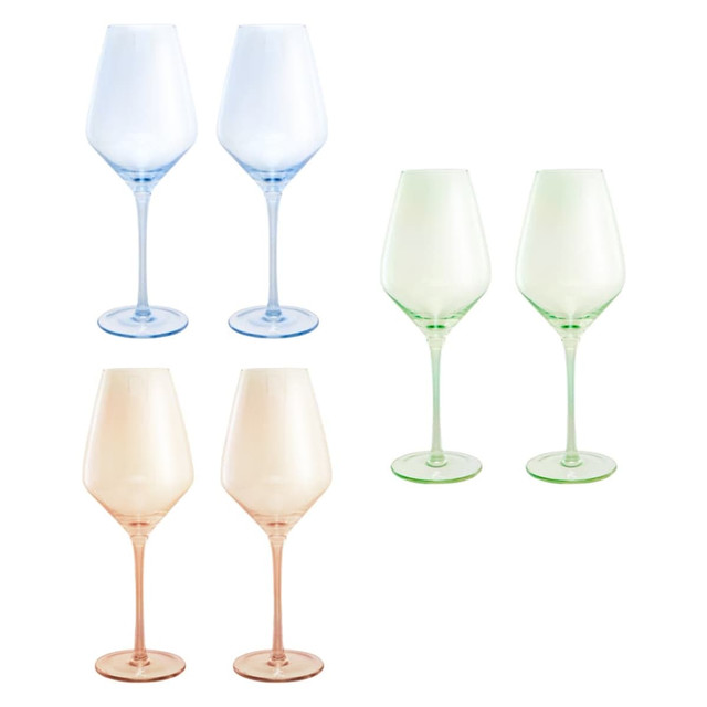 A set of two wine glasses in blue, green, and peach colours, presented in a gift box.