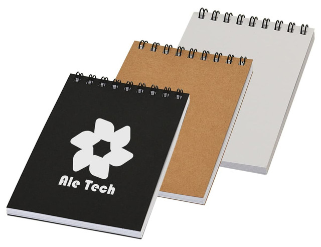 A pocket spiral notebook set featuring black, kraft, and white covers, with a logo on the black notebook.