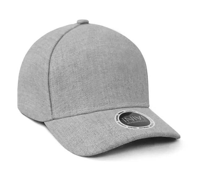 A grey cap with a smooth fabric and a circular logo on the side, designed with a cool dry mesh knit lining.