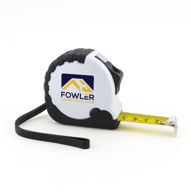A retractable tape measure in black and white with a yellow measuring tape, featuring a logo.