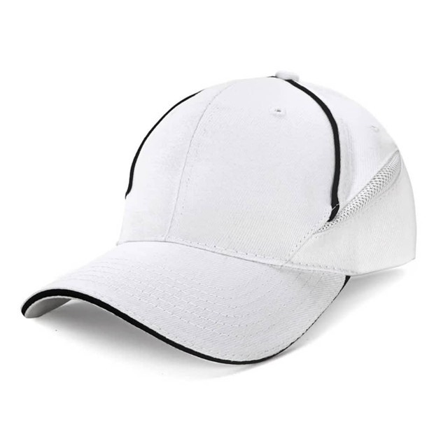 A white cap with black accents and a logo. The cap features a curved brim and mesh detailing on the sides.