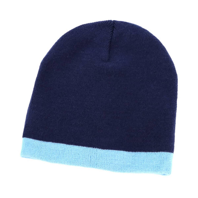 Acrylic two-tone beanie featuring a navy upper with a light blue cuff. Includes a logo.