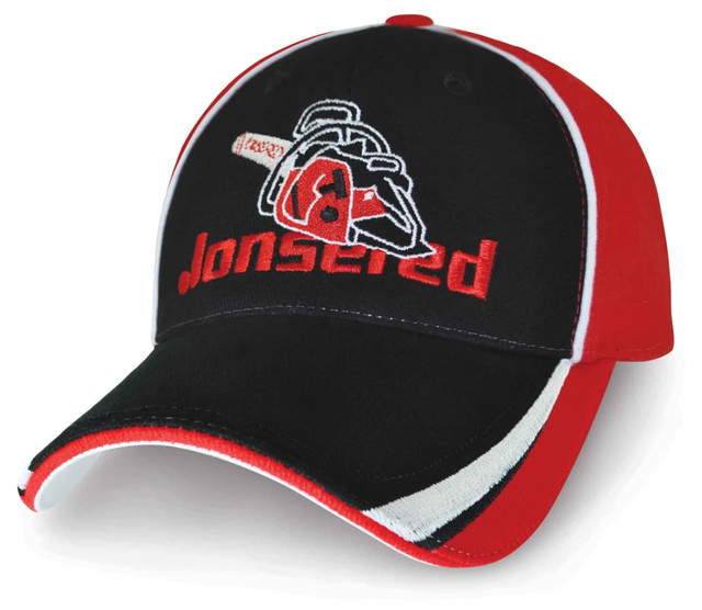 A black and red cap featuring a logo, with white stitching and a curved brim.