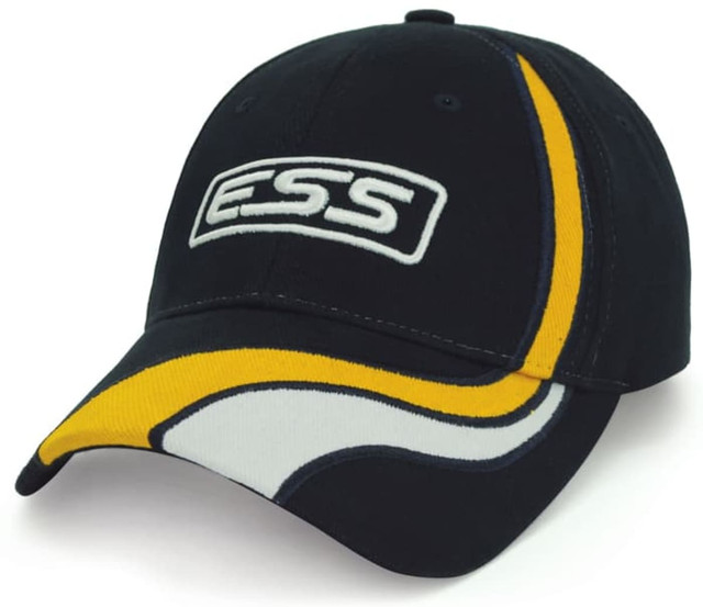 A navy cap with a yellow and white design, featuring a branded logo on the front.