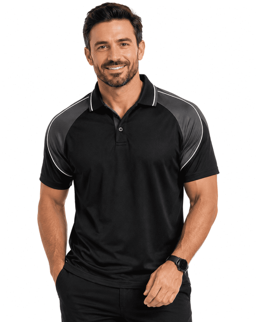 A black polo shirt with grey accents and a logo, featuring a classic collar and short sleeves.