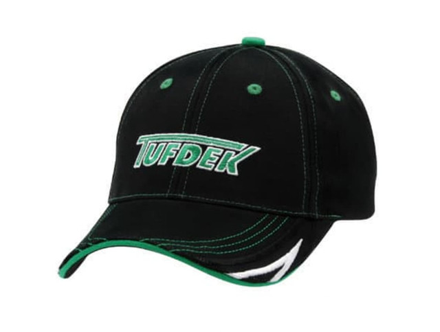 A black cap featuring green accents and a logo. The cap has a curved peak and is designed with stitching details.