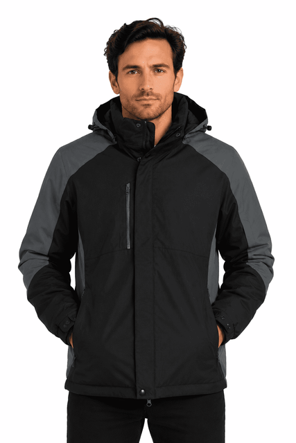 A black and grey men's jacket with a hood and zippered pockets, featuring a branding logo.
