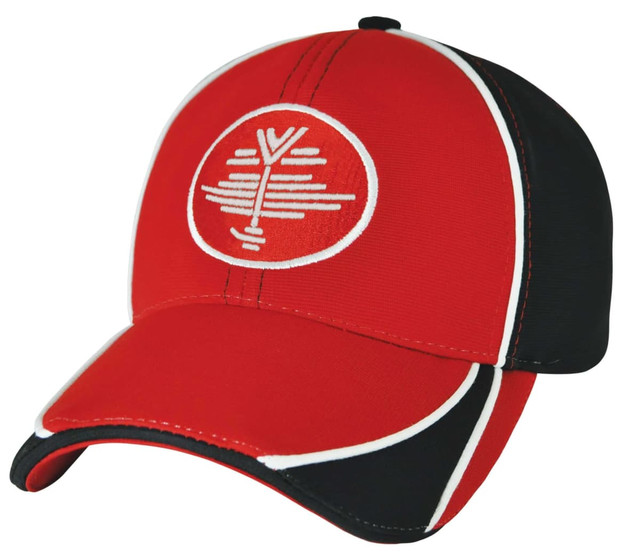 A red and black cap featuring a logo, with white accents along the seams and a curved brim.