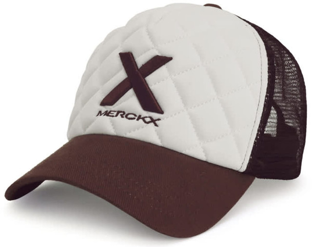 A brown and white cap with a quilted design and mesh sides, featuring a logo on the front.