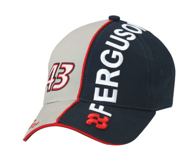 A navy and grey cap featuring red accents and a logo, with embroidered text on the front and side.