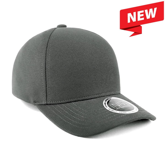 A grey cap with a textured finish and a circular logo on the front.