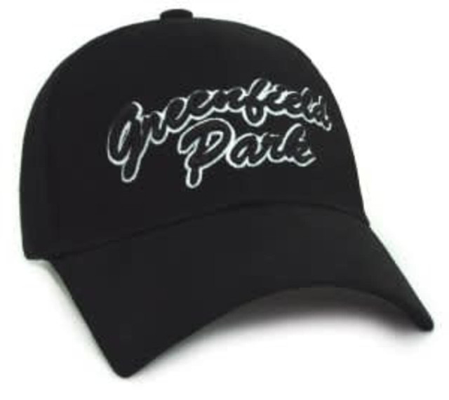 A black peak cap featuring a logo with white text. Suitable for casual wear and outdoor activities.