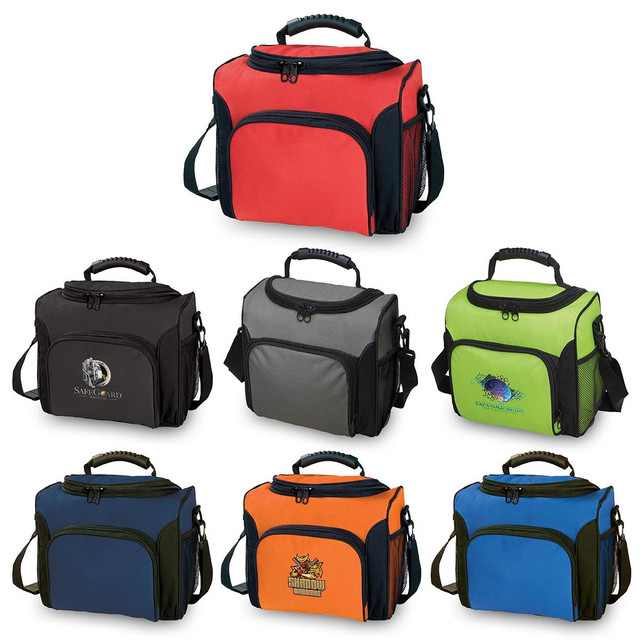 A collection of cooler bags in red, black, grey, green, blue, and orange, featuring various logos and designs.