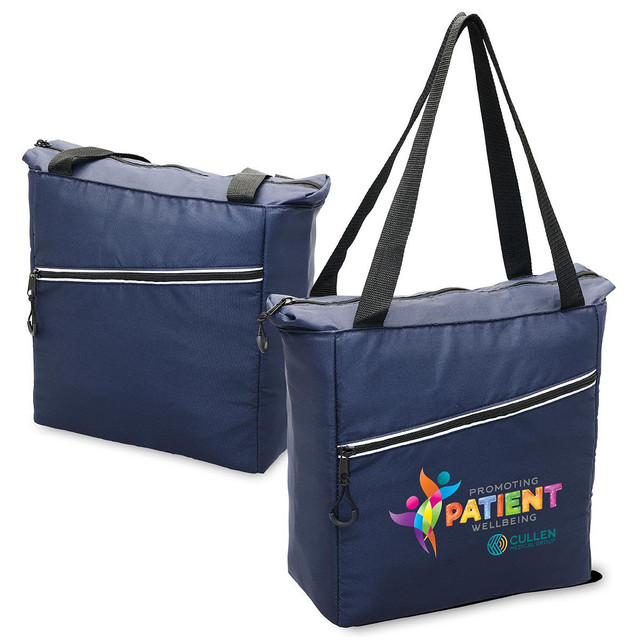 A navy blue cooler bag with a zippered front pocket and dual shoulder straps. It features a logo on the front.