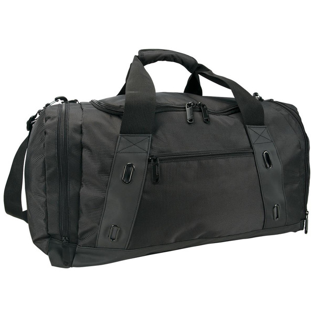 A black duffle bag featuring multiple zippered compartments and a shoulder strap, with a logo on the side.