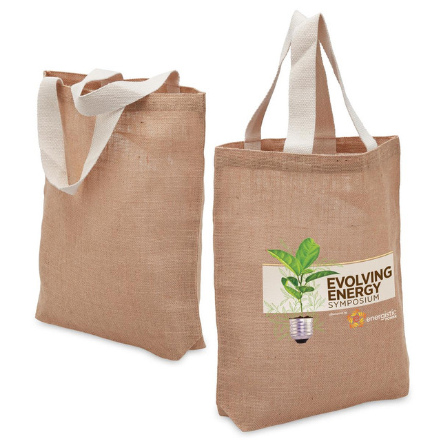 Two reusable grocery bags in natural brown, featuring a plant graphic and a logo on one side. Handles are white.