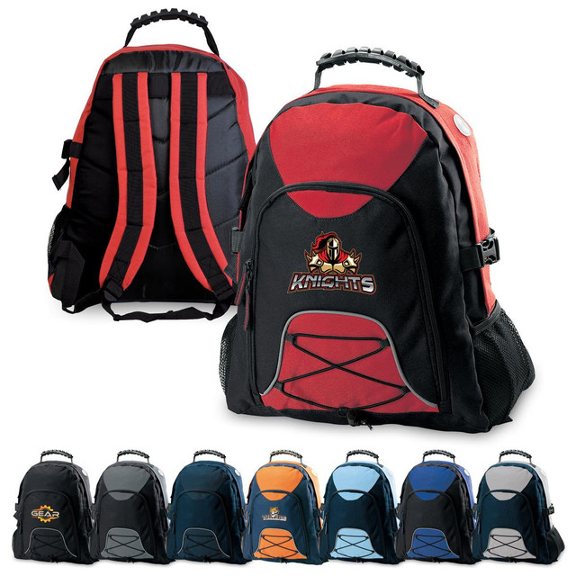 A red and black Climber Backpack with padded straps and a logo, alongside various coloured options.