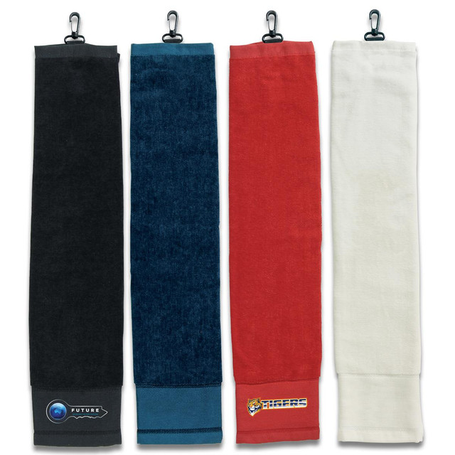 Four golf towels in different colours: black, navy, red, and white, each with a clip and logo.