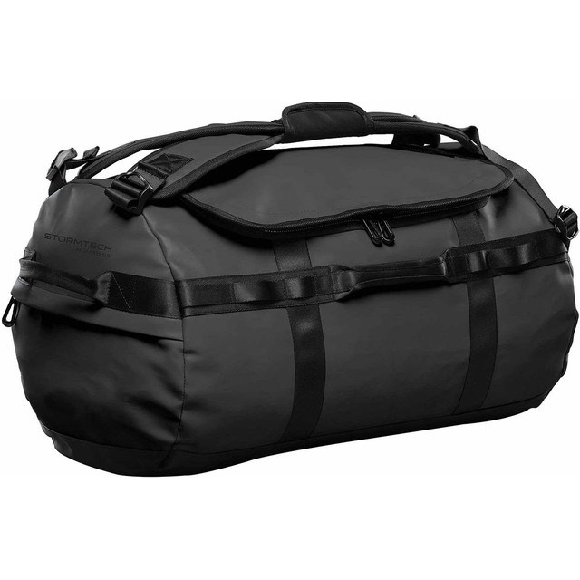 A black duffle bag with a sturdy design, featuring handles and straps, and a logo on the side.