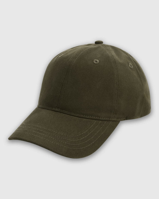 An olive green cap with a curved brim and ventilation eyelets, featuring a logo on the front.