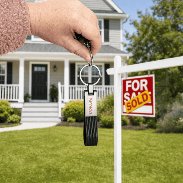 A hand holding a black PU strap keyring with a metal keychain, set in front of a house with a "For Sale" sign.