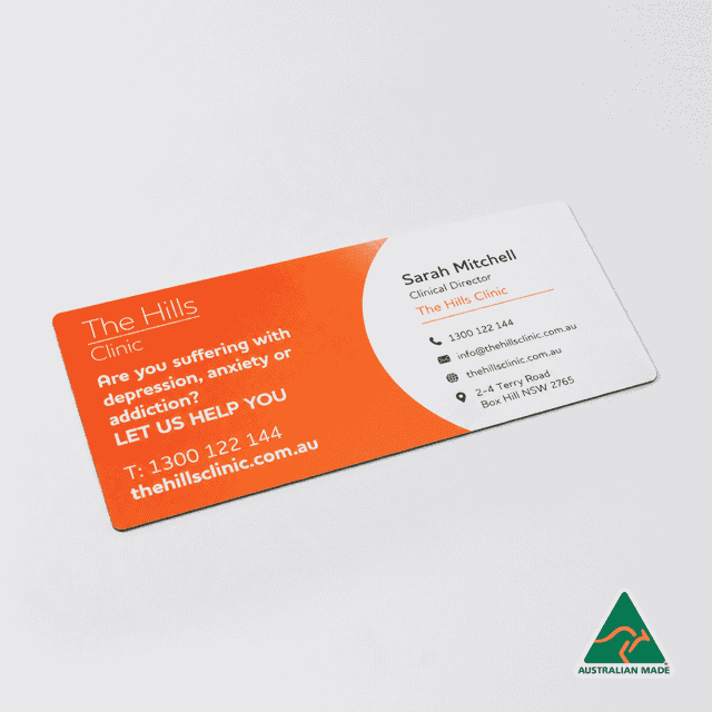 A rectangular, double-sided business card featuring orange and white colours, with contact details and a logo.