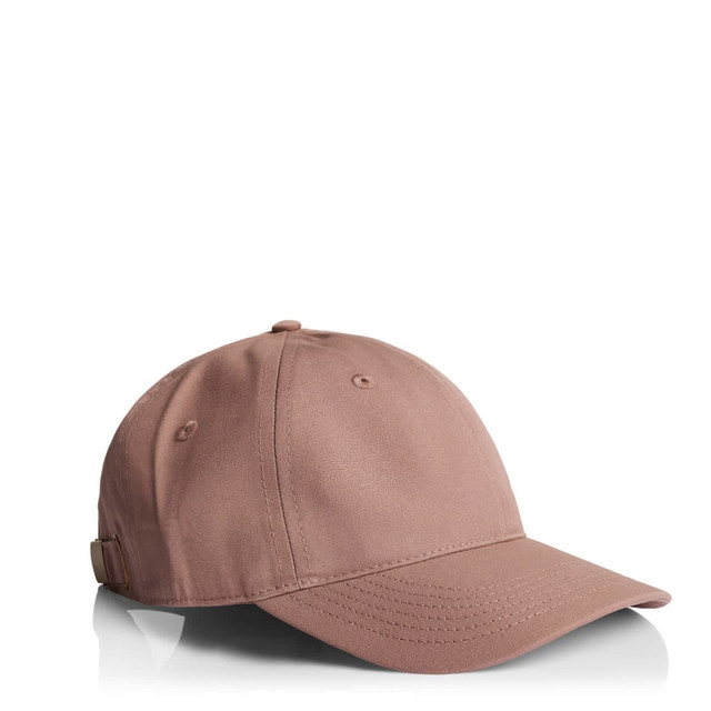 A pink cap with a curved brim and an adjustable strap at the back, featuring a logo.