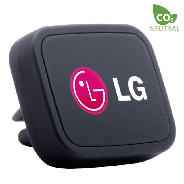 A rectangular black car phone holder with a logo, featuring an eco-friendly symbol in the corner.