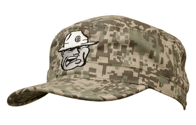 A digital camouflage military cap in various shades of green and tan, featuring a logo on the front.